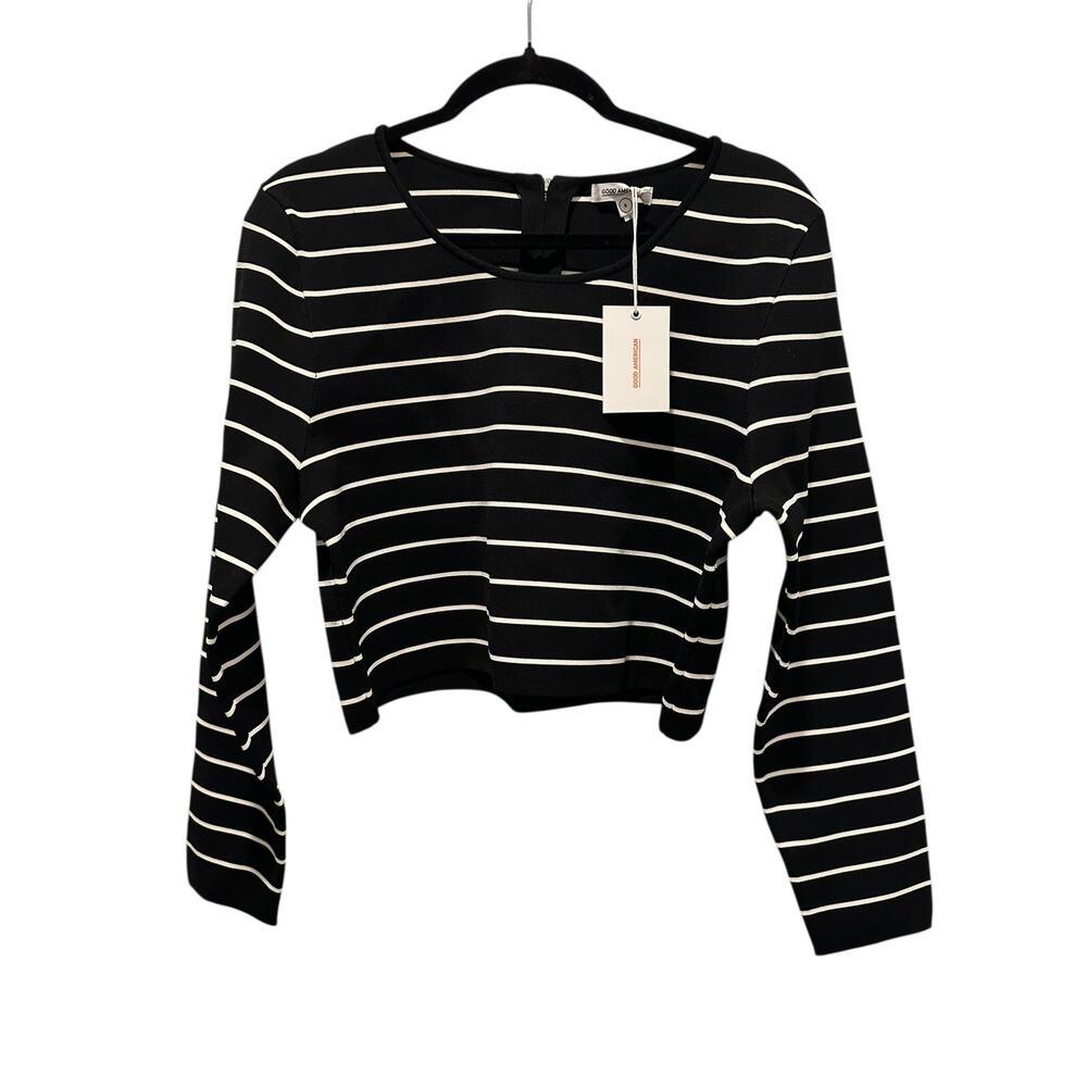 NWT Good American Black & White Striped Long Sleeve Cropped Top – Size 6 Luxury